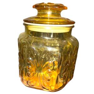 Vintage Amber LE Smith Atterbury Scroll Small Lidded Glass Canister / Jar